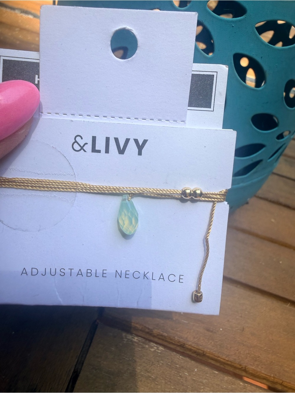 Gold Adjustable Necklace with Aqua Teardrop Pendant